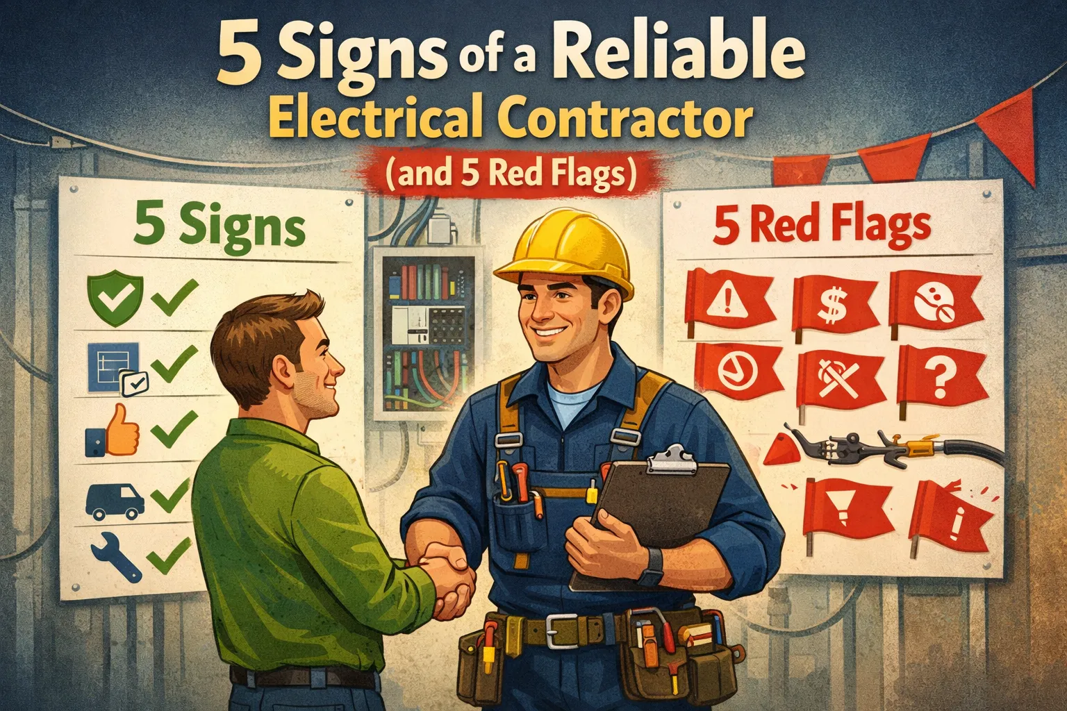Illustration showing signs of a reliable electrical contractor and red flags